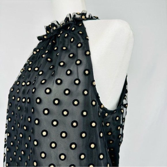 LOFT Tops - LOFT Metallic Gold Clip Dot Polka Dot Black Ruffle Yoke  Sleeveless Blouse XS